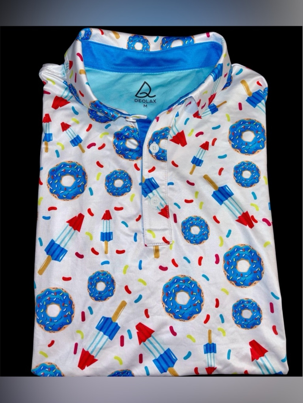 Deolax Patriotic Rocket Ice Pop Donut Sprinkle Golf Polo Shirt sz med